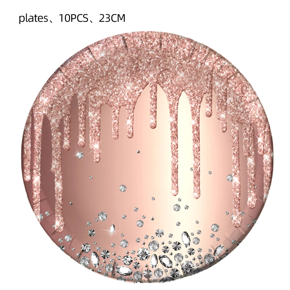 Rose Gold Party Supplies Disposable Tableware Set Diamond Glitter Paper Plate Cup Wedding Birthday Party Decoration Kid Balloons