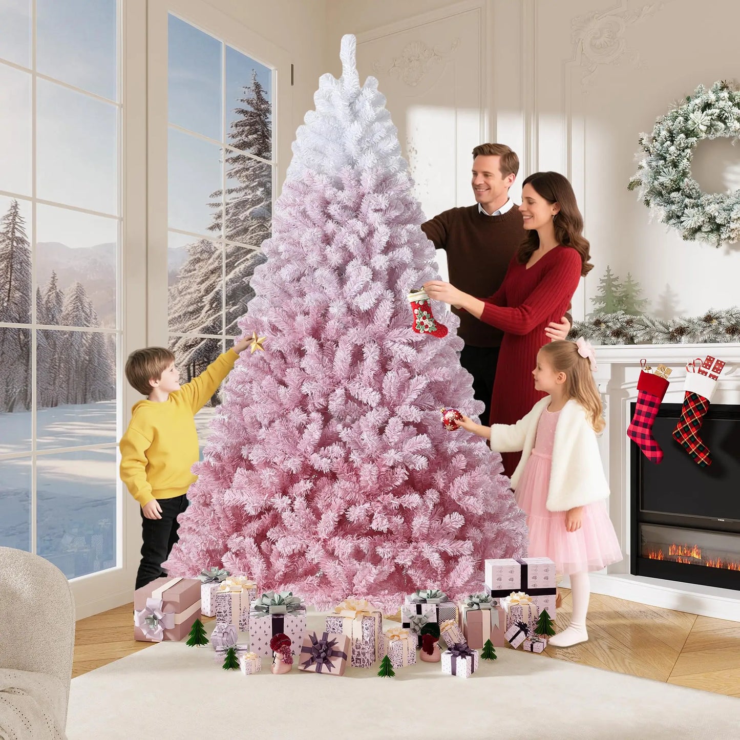 4.5 ft Prelit Artificial Christmas Tree with 100 RGB & Warm White Lights, Pre-Lit Snow Flocked Christmas Tree, Foldable Base for Home Office Party Holiday Decor