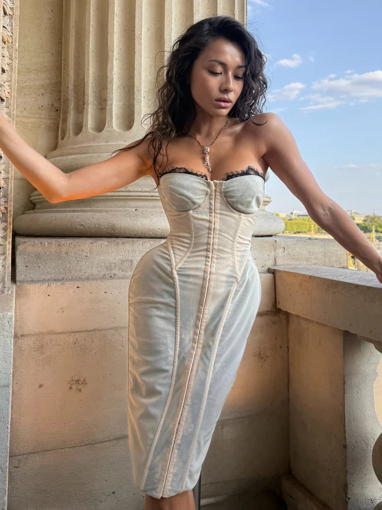 Sexy Strapless Corset Midi Dress Lace Trim Bust Bodycon Long Gowns Women's Sexy Elegant Wedding Guest Evening Outfit 2026 New
