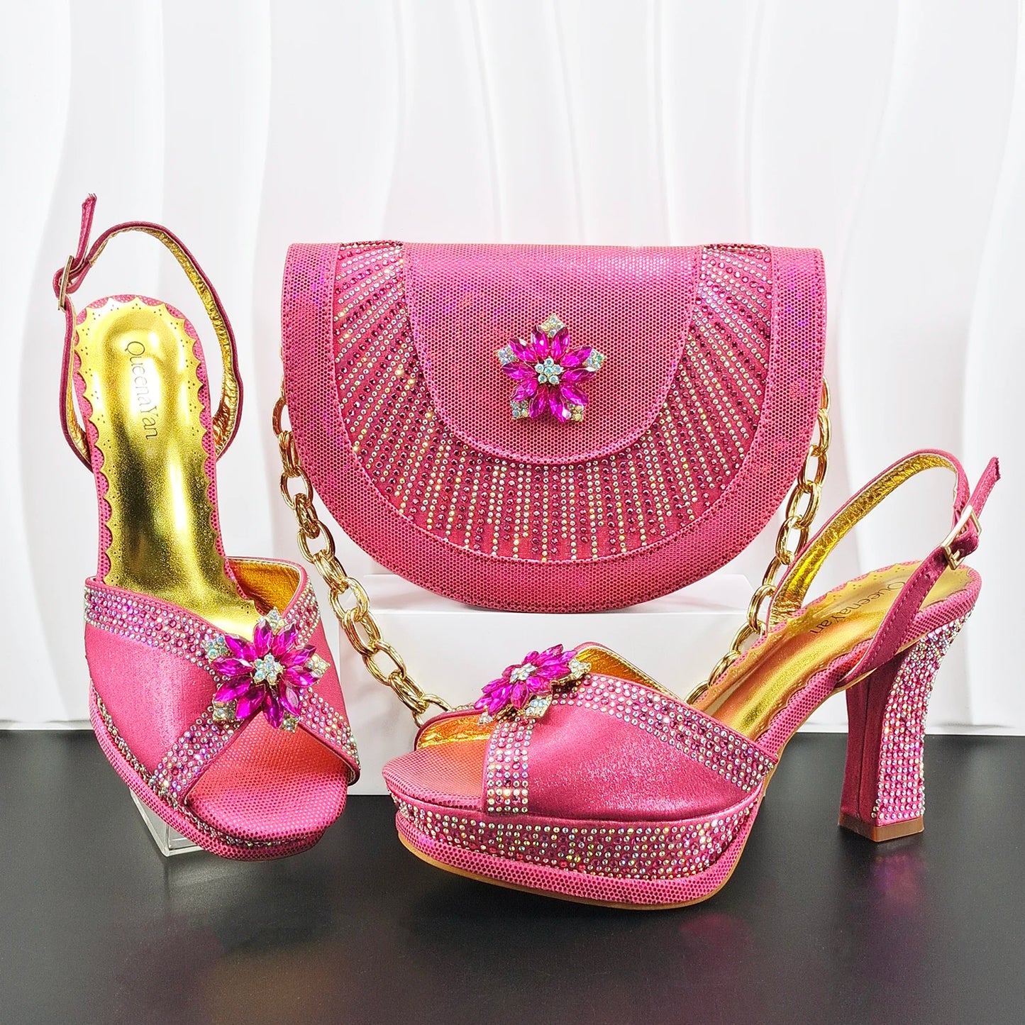 Italian Design Bigger Size Shoes and Bags Set Wedding for Women Bride Ladies High Heel HAND CRAFTED UPPER Shoes with Rhinestone