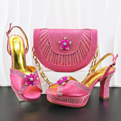 Italian Design Bigger Size Shoes and Bags Set Wedding for Women Bride Ladies High Heel HAND CRAFTED UPPER Shoes with Rhinestone