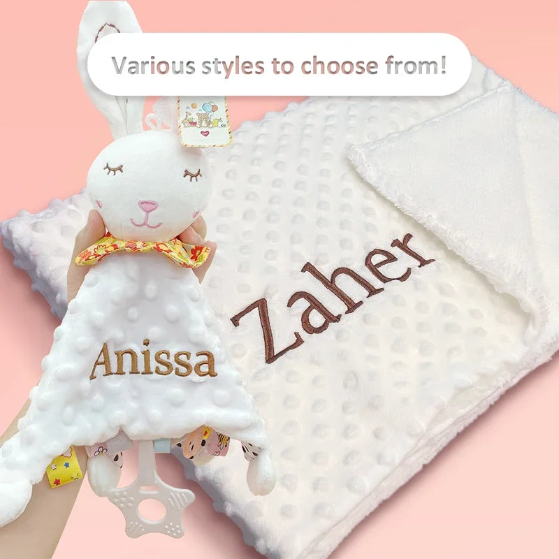 Custom Embroidered Name Minky Baby Blanket & Bunny Comforter Set Personalized Newborn Security Blanket Baby Shower Gift