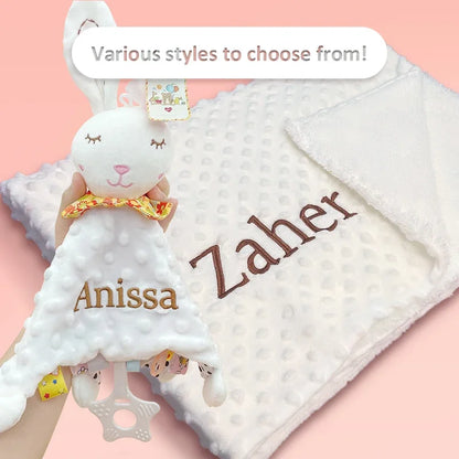 Custom Embroidered Name Minky Baby Blanket & Bunny Comforter Set Personalized Newborn Security Blanket Baby Shower Gift