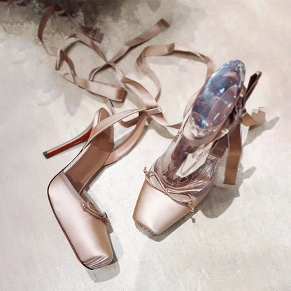 European and American Niche High-heeled Square Toe Ankle Strap Satin Bow Ballet Toe Cap Red Sole Plus Size Women's Sandals