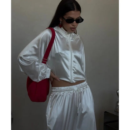 2026Spring Autumn New Satin Women's Sports Suit Fashion Zipper Long Sleeve Jacket Casual Loose Female Wide Leg Pants 2 Piece Set