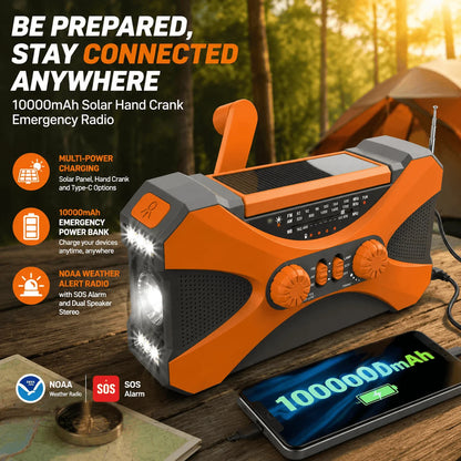 Emergency Radio Solar Hand Crank NOAA Weather Radio 10000mAh Power Bank Portable AM FM Radio Survival Camping Gear Emergency Phone Charger With Dual Speaker Stereo 4-In-1 Multi-function Survival Kit For Home Outdoor Emergency