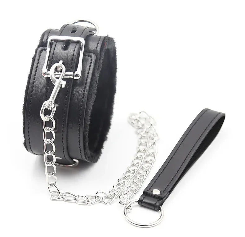 Adult sexy chain red leather thick plush collar dog chain ladies with sm bound collar toys.