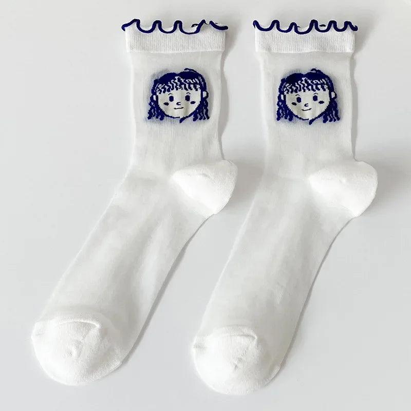 Transparent Crystal Silk Socks Women Fashion Ultra-thin Summer Harajuku Crew Socks Flower Streetwear Elastic Long Mesh Socks