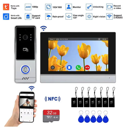 4 Wire Tuya Video Doorbell 7 inch HD Metal IR Camera Video Door Phone Two-way Audio WiFi Visual Intercom System RFID APP Unlock