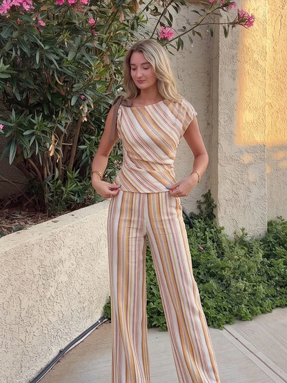 HH Women Summer Elegant Striped 2 Piece Outfit One Shoulder Top Wide Leg Pants For Dinner Date Party Vacation Holiday Wear
