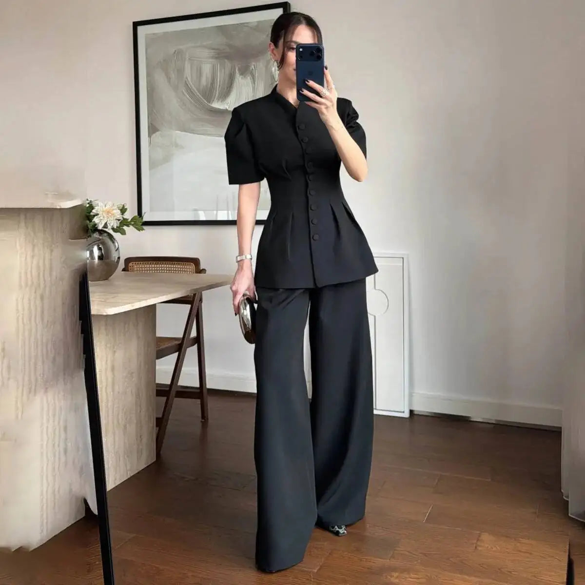 2026 New Women Two Piece Pant Suit Stand Collar Short Sleeve Peplum Top High Waist Wide Leg Trousers Elegant Outfit Set