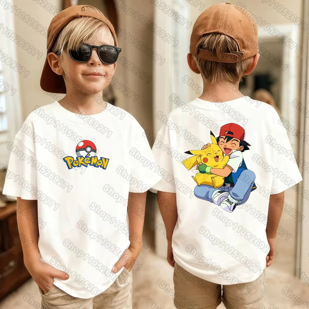 Pokemons Pikachu Cartoon Kids Printed T-Shirts Boys Girls Casual Short Sleeves Tops Children's Harajuku Fashion Tee Clothing