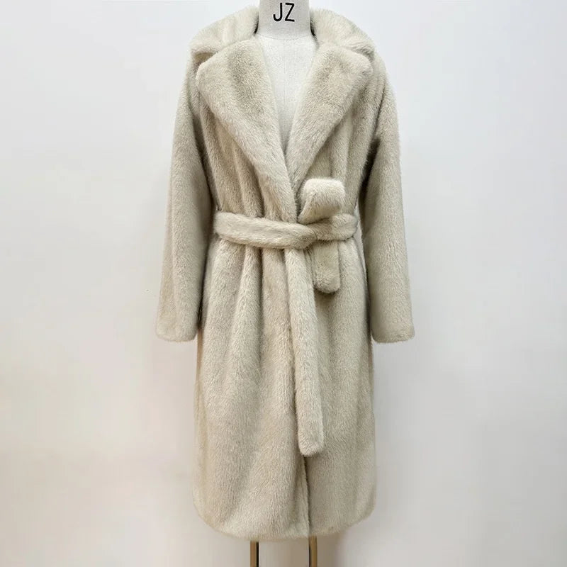 Women Elegant Solid Color Faux Fur Long Coat Notched Collar Belted Waist Loose Oversized Warm Winter Street Thick Outerwears New