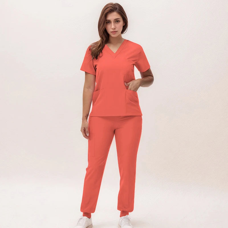 Women's Nurse Scrub Set | V-Neck Top & Jogger Pants, Stretch Jersey | Medical Workwear