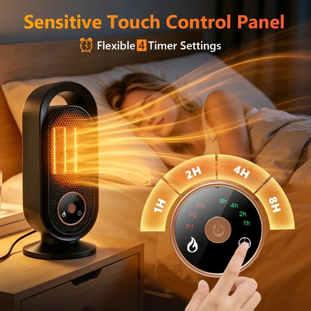 Electric Ceramic Space Heater 1000W, PTC Fast 3s Heat, Touch Screen 3 Heat 4 Timer Settings, Tip-Over Protection, under 36dB
