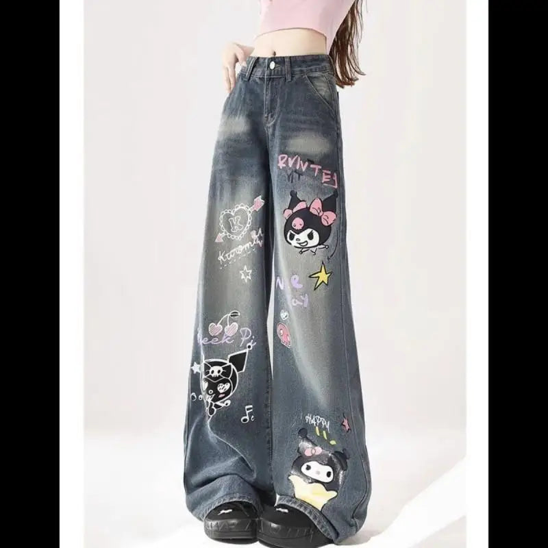 Hello Kitty Cartoon Jeans Kuromi Long Pants Anime Autumn Loose Waisted Trousers Cute Printing Retro Thin Wide Leg Pants Girls