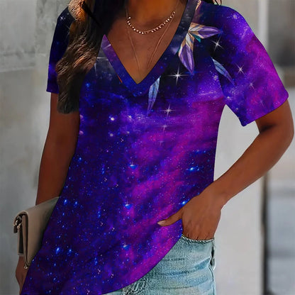 Butterfly Print Women Tshirt V Neck Short Sleeve Casual Loose Summer Tee Shirts