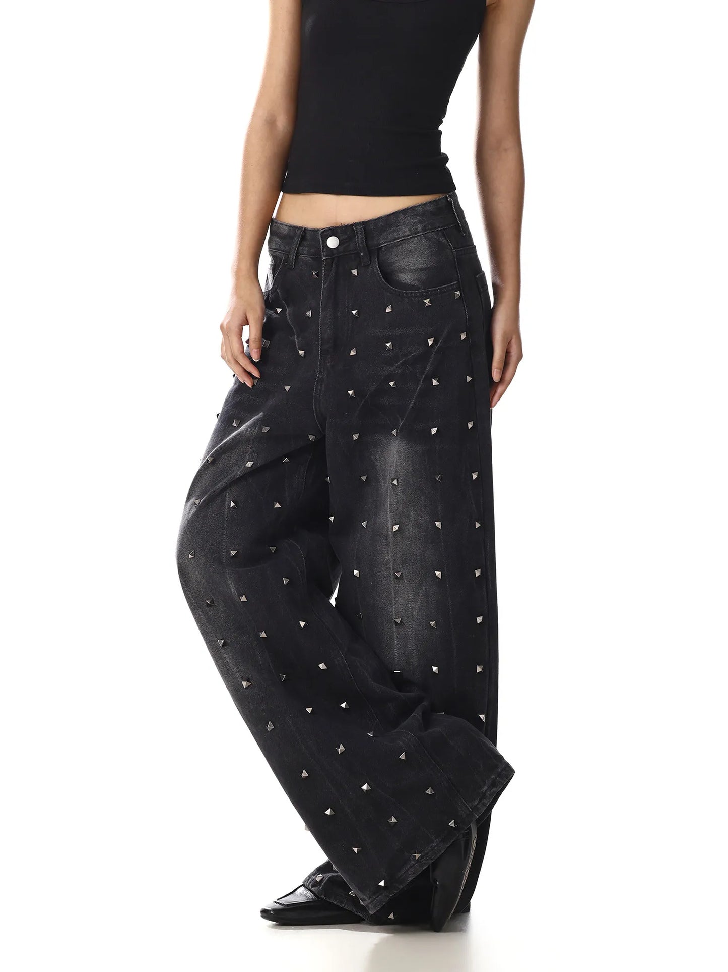 Women Black Rivet Heavy Duty Jeans New American Retro Design Niche Loose Wide Leg Denim Pants Streetwear Baggy Trousers