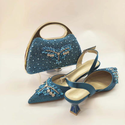 New Itlian Design Brown Color Rhinestone High Heel Shoe And Bag Fashion Style Pointed-Toe Shoes For Party Occasions