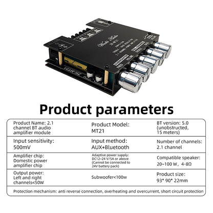 2.1 Channel BL Digital Power Amplifier Module with Subwoofer Output High Low Bass Adjustment 100W+50W+50W High Fidelity Bluetooth 5.0 Audio Board