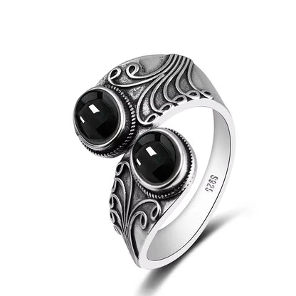 925 Vintage Silver Ring with Natural Moonstone 6*8mm Adjustable Rings Flower Bohemia Style Fine Jewelry for Women