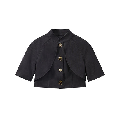 Fashion Women Pant Set Fashion Stand Collar Single Breasted Short Sleeve Cropped Coat And Lace Up Wide Leg Pant Casual Outwear