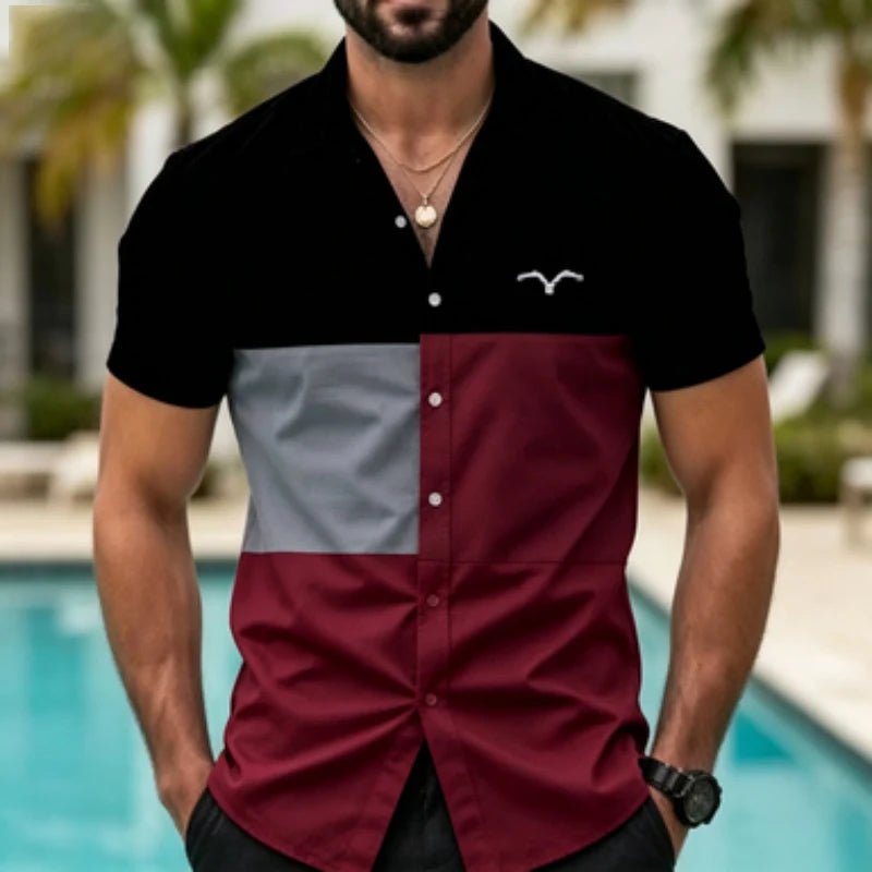 Men's short sleeved shirt with contrasting color splicing, geometric color block printed collar shirt, European and American str