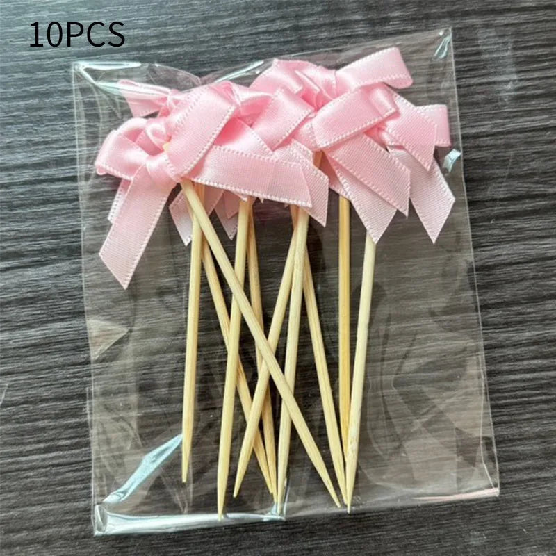 10pcs Pink Bow Cupcake Topper Plugin Dessert Baking Decoration Birthday Themed Party Cake Top Cover Bow Dessert Topper Decor