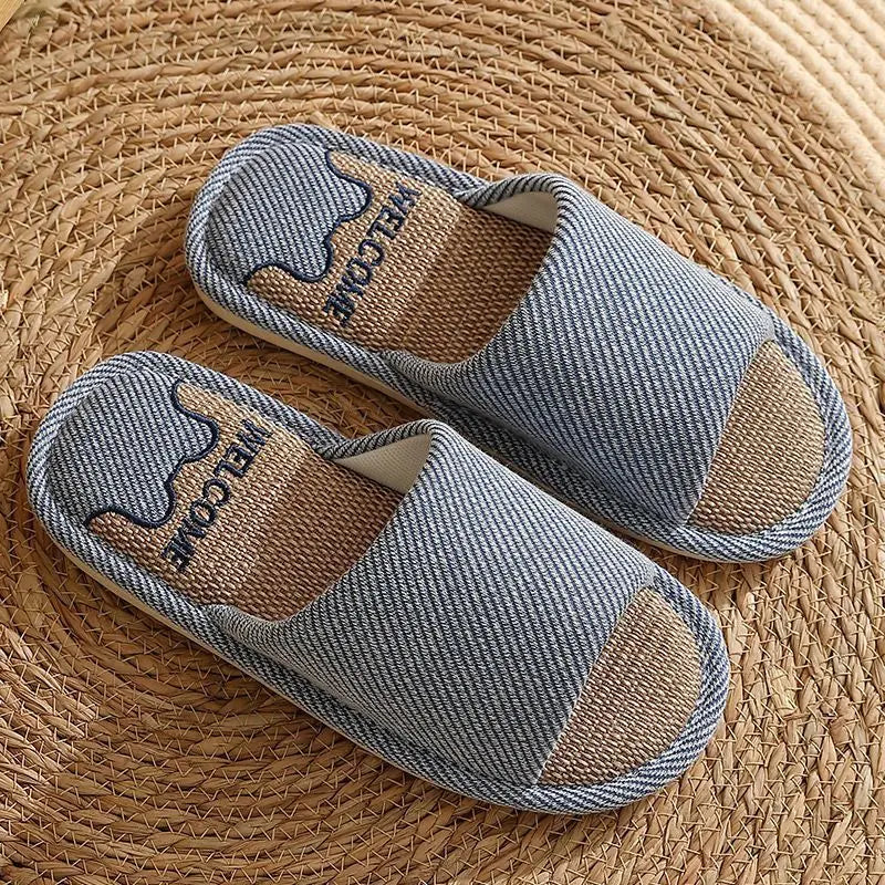 Women Linen Slippers Four Seasons Women Indoor Sandals Adults Cartoon Slides Couples Open toed Breathable Home Shoes