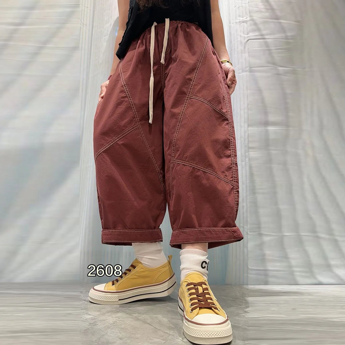 Patchwork Denim Washed Cotton Casual Pants Women Plus Size Loose Cropped Pants 2026 Spring Summer Denim Jeans JLJ522