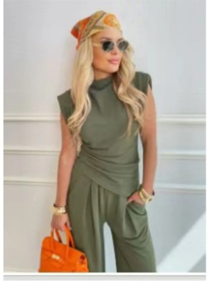 Casual Solid Color Two Piece Set Woman Outfit 2025 Summer Fashion Slim High Waist Tops And Trousers Pant Sets Suit