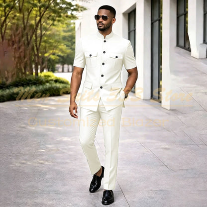 Summer Safari Men's Suits Fashion Regular Fit Short Sleeve Blazer Elegant Luxury Single Breasted 2 Piece Jacket Pants Outfits