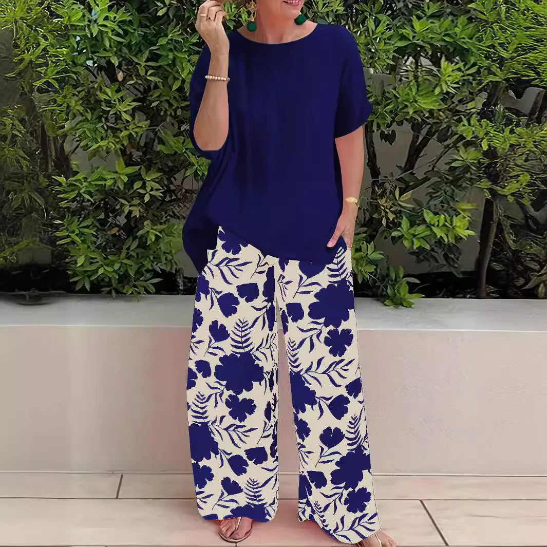 Wide Leg Pant Two Piece Set Women Fashion Short Sleeve Shirt and Pant