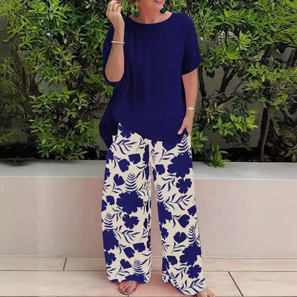 Wide Leg Pant Two Piece Set Women Fashion Short Sleeve Shirt and Pant