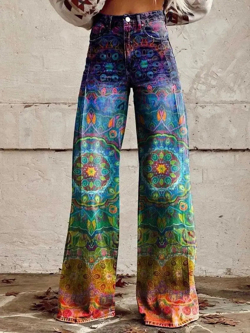 Women's 3D Printed Flare Jeans-Polyester Wide Leg Pants with Distressed Vintage Look, High Waist Comfort Fit for Street Fashion