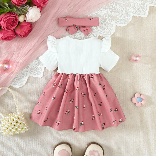 2PCS Infant Baby Girl Pink Cherry Print Ruffle Short Sleeve  Dress + Headbandr for 0-2Y Toddler Sweet Summer Princess Dress