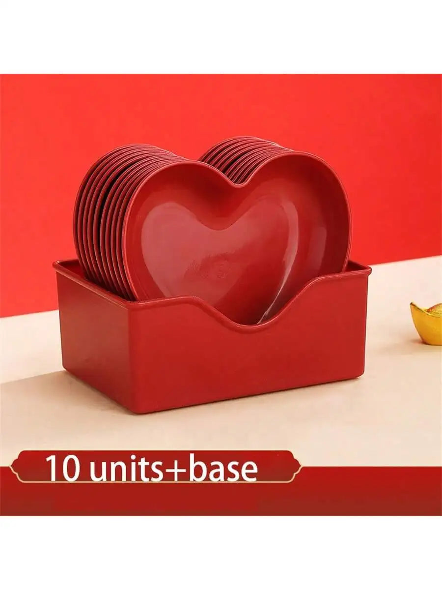 1/5/10/20pcs Plastic Heart Shaped Dinner Plate Set - Red And Pink Heart Themed Fruit Snacks Plate,Suitable For All Parties