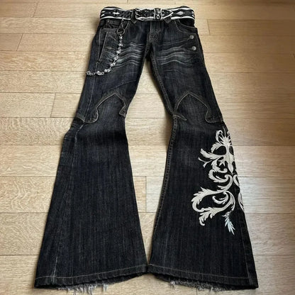 HOUZHOU Vintage Embroidery Patchwork Women Flared Jeans Y2k Harajuku Wide Leg American Style Denim Pants Baggy Punk Streetwear