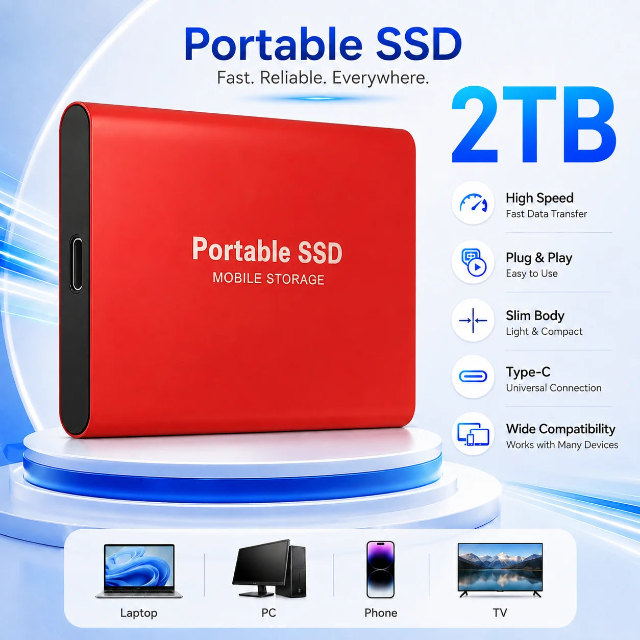 2TB External Hard Drive 4TB Portable SSD USB-C High-Speed Storage Disk for File Backup Compact & Durable