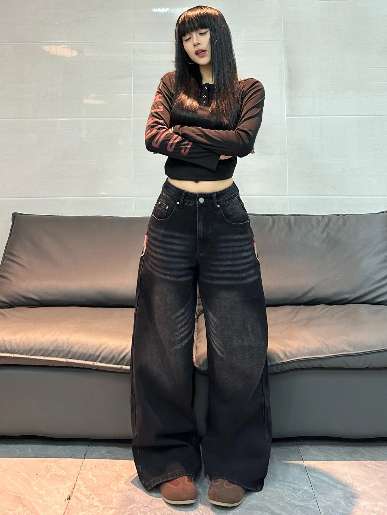American Vintage Butterfly Embroidery Design Black Women's Loose Wide-Leg Jeans Y2K Street Fashion Versatile Straight-Leg Pants