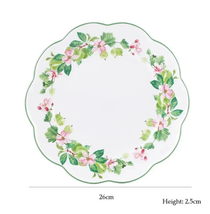 Ceramic Plate Household Bone China Dinner Plate Set Vintage Green Flower Dishes Tableware Oval Large Tray Dinnerware Sets
