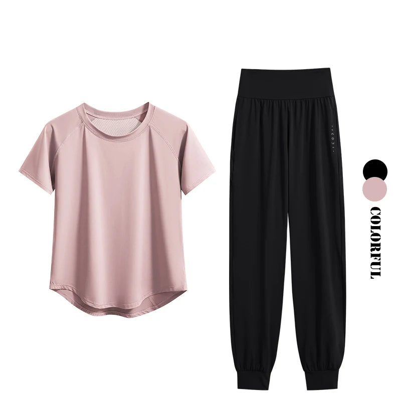 DRUR S-4XL Yoga Set Women Sport Shirts Gym Pants Set 2 Piece Short Fitness Tops Sweatpants Suit Female Summer Sportswear Outfit