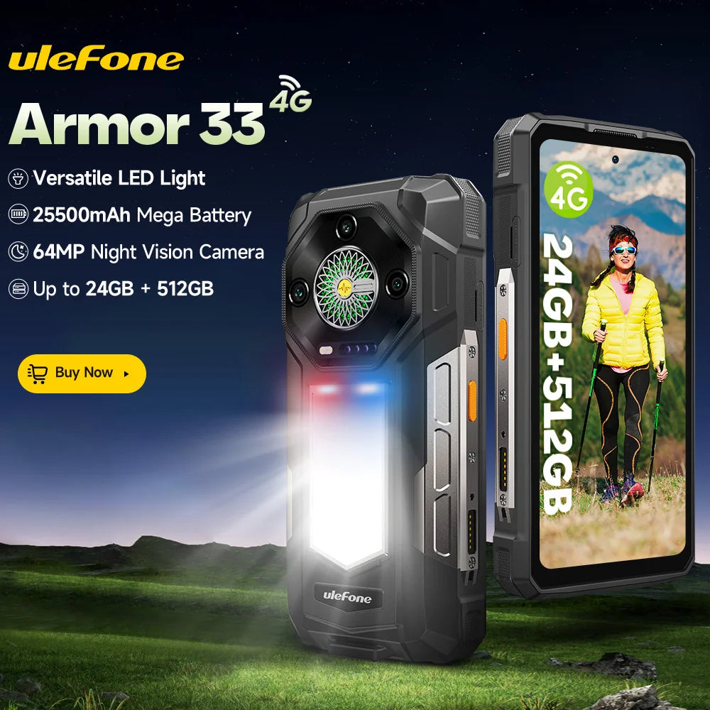 Ulefone Armor 33 4G Rugged Phone 25500 mAh 512GB ROM Up to 24GB RAM 120Hz 6.95" NFC Android 15 66W Smartphone Global Version