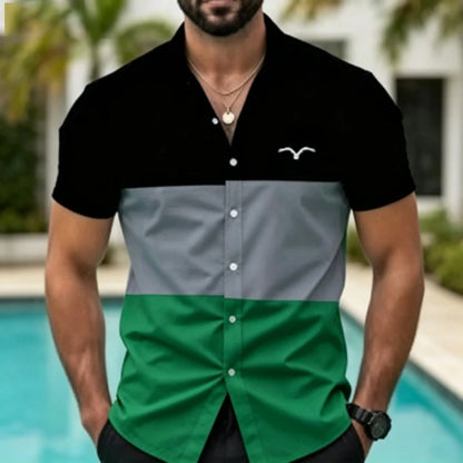 Men's short sleeved shirt with contrasting color splicing, geometric color block printed collar shirt, European and American str