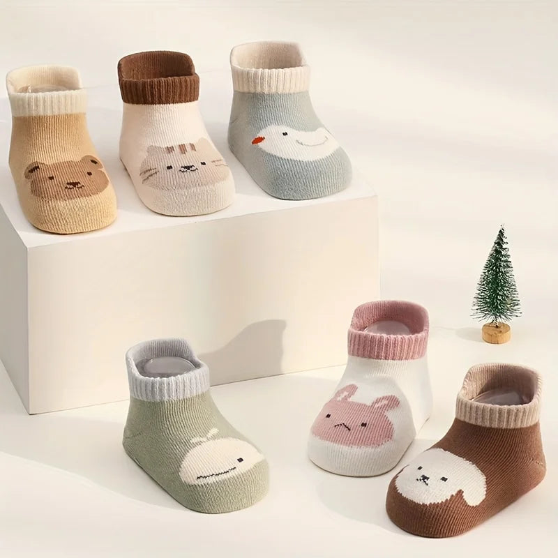 12 Pairs of Boys and Girls' Anti Slip Socks with Cute Cartoon Animal Patterns, Comfortable and Breathable Baby Floor Socks