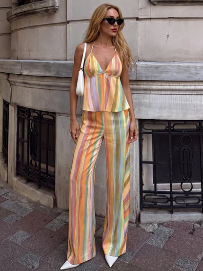 HH Fashion 2026 Women's Colorful Striped Two-Piece Set Summer Halter Neck Crop Top+Wide Leg Pants Resort Beach Outfit