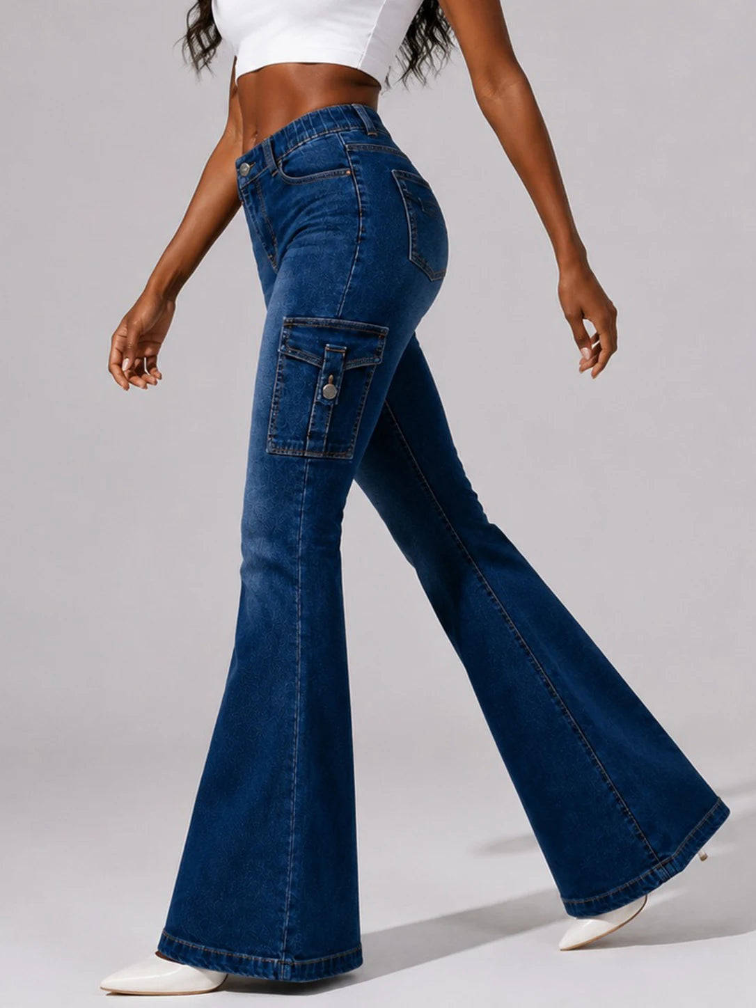Women's High-quality Stretch Vintage Washed Cargo Flare Jeans, Y2K Style, Casual and Versatile, Suitable for All Seasons