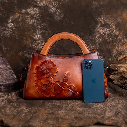 New 2024 Vintage Women's Bag Leather Tote Top Layer Cowhide Crossbody Bag Hand-carved Women's Shoulder