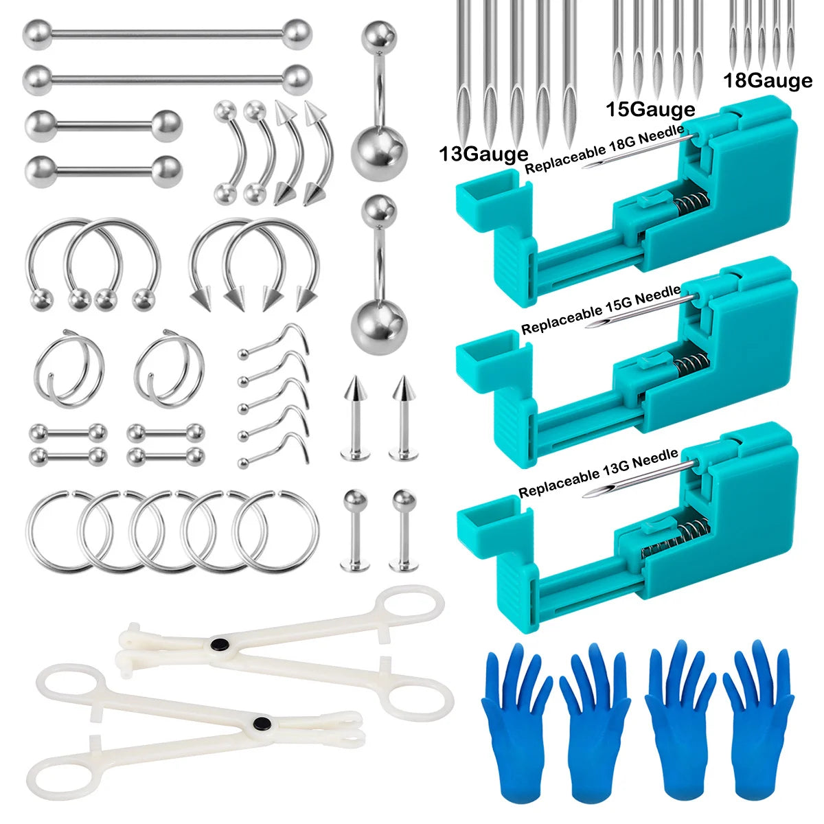 Body Piercing Tool Kit Easy to Use Body Piercing Gun Lip Nose Tongue Cartilage Eyebrow Navel Piercing Jewelry for Women Men