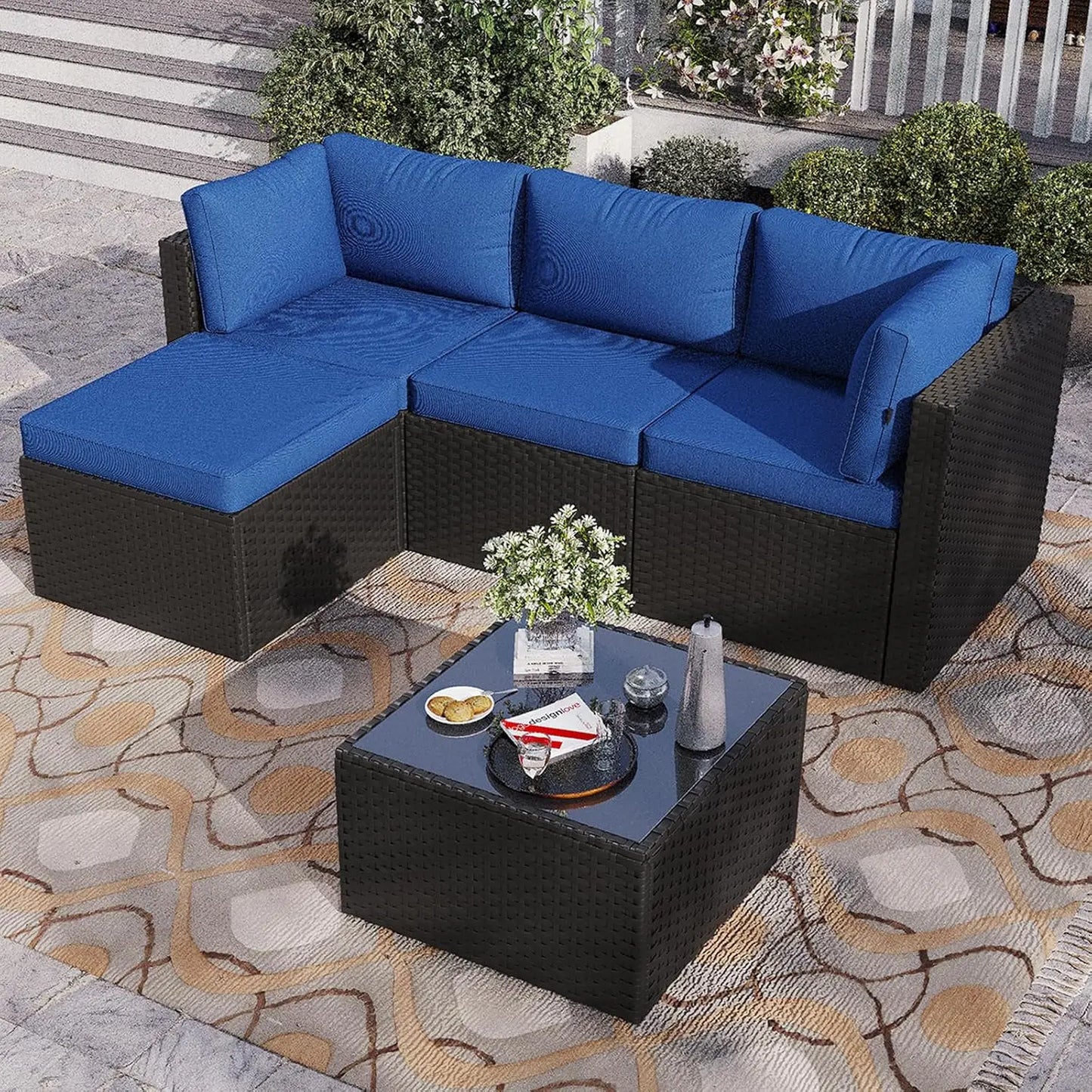 Patio Furniture Set 5-Piece, Outdoor Sectional Sofas with Washable Cushion, Wicker Rattan Patio Conversation Sets, Customized